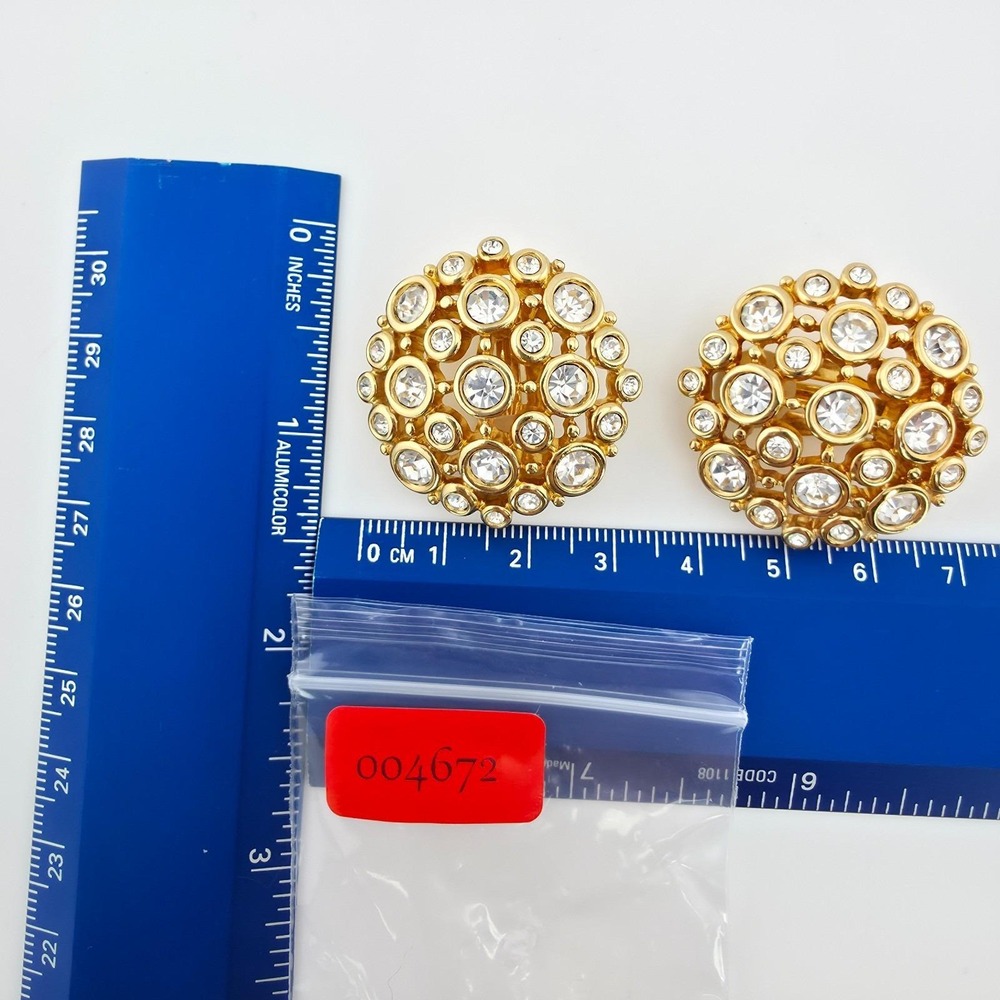 Vtg SWAROVSKI Clip-On Earrings Honey Comb Cluster Crystals Domed Gold Plate - Picture 11 of 11